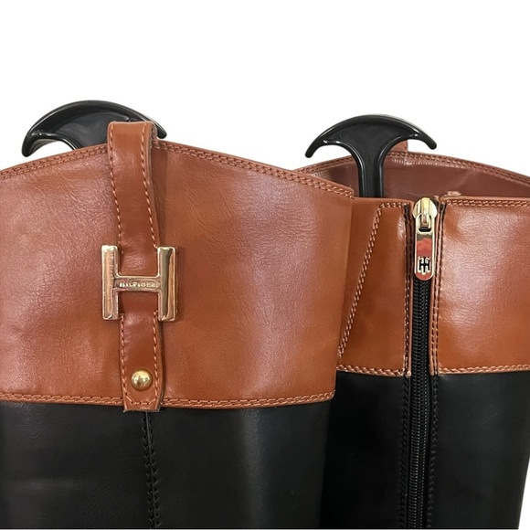 Tommy Hilfiger Shyenne Size 6 Black Tan Color Block Faux Leather Riding Boots - Picture 4 of 11